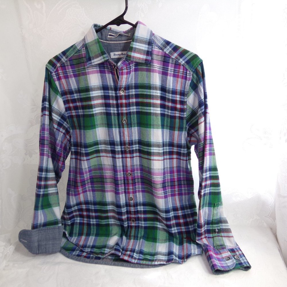 Tommy Bahama Plaid Tencel Blend Montauk Flannel Purple Plaid XS Metal Buttoned